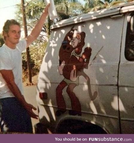 Chris Pratt, homeless, living in this van, holding the script to his first acting job