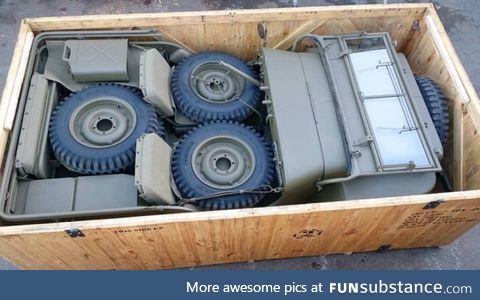 Jeep packed in a crate for shipping to the front lines of WWII. 1944
