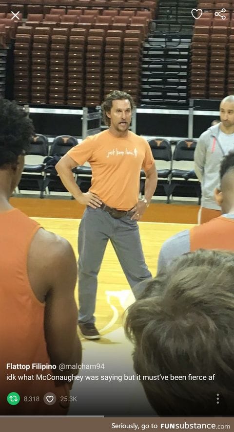 Matthew McConaughey's power stance with University of Texas basketball team