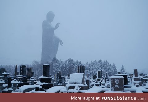 Ushiku Daibutsu in Japan, one of the tallest statues in the world, as seen in this winter
