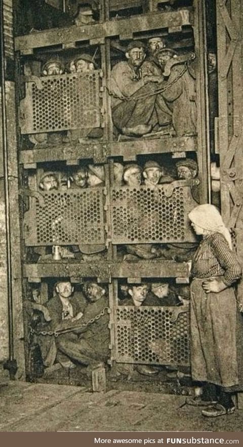 Mine workers getting ready to descend into a mine. Circa 1970