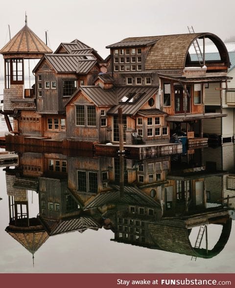 A wooden houseboat