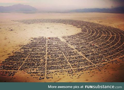 Aerial view of 45 thousand people at the Burning Man festival in the Nevada Desert