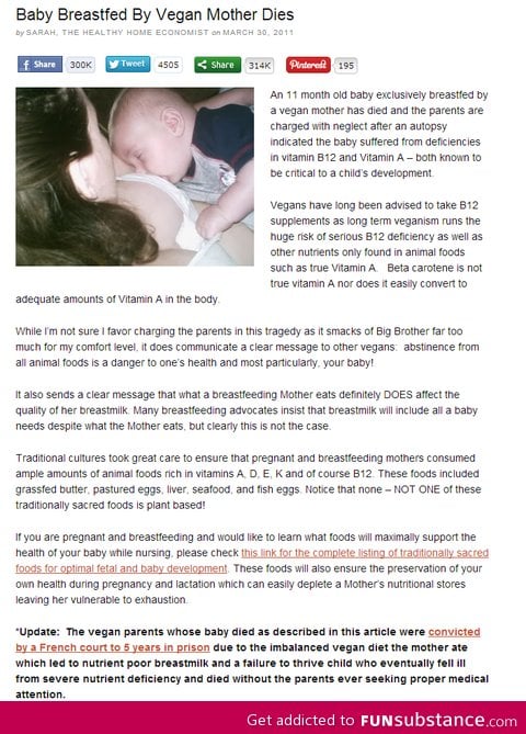 Baby breastfed by vegan mother dies