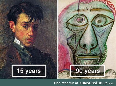 Picasso drew his own portrait in 15 years old and 90. See the difference