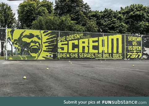 This art is made from sticking tennis balls on the court’s fence