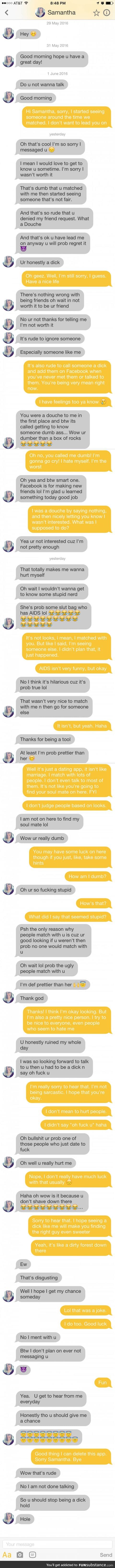 Guy got a tinder match with a 'nice girl' but the conversation went terribly