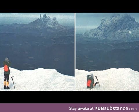 View of Mt Saint Helens eruption from summit of Mt Adam's 5/18/1980