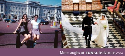 Meghan Markle outside Buckingham Palace aged 15, 22 years ago and today marrying a royal