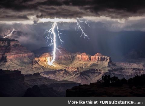 Grand Canyon lit up by a lightning strike