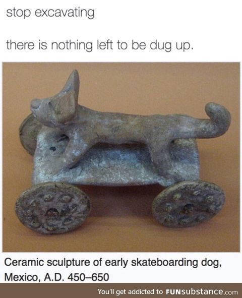 Ancient sculpture of a skateboarding dog
