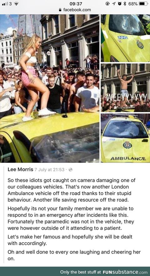 England fans celebrating by destroying a paramedic's car