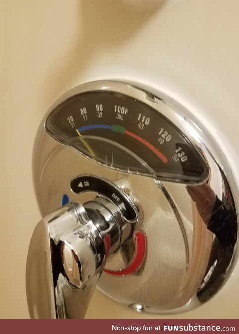 This shower at a hotel has a thermometer