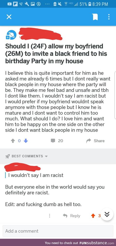 Won't allow her boyfriend to invite his friend to their party just because he's black