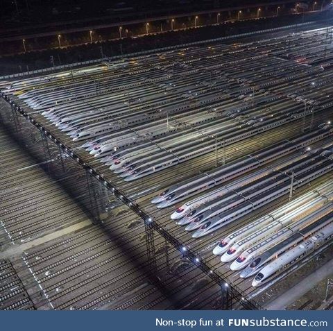 Bullet trains line up in Wuhan, China