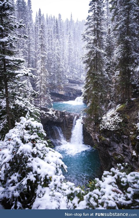 A snowy waterfall in Alberta, Canada