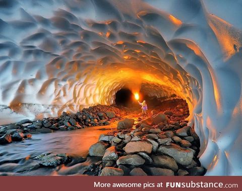 An ice cave formed by a volcano