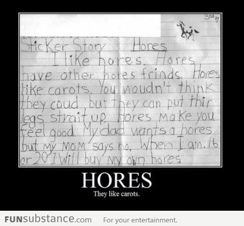 A kid writing about 'hores'