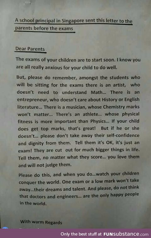 This message sent out by a principal before exams