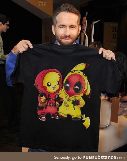 Ryan Reynolds showing off his Pikachu-Deadpool shirt