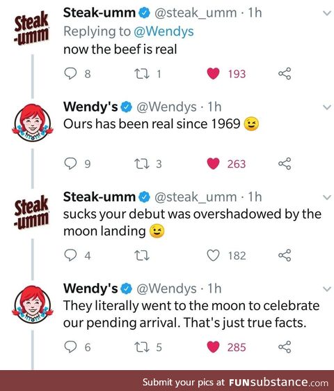 People are having poll for whose Twitter is better between Wendy's and Steak-umm. This is