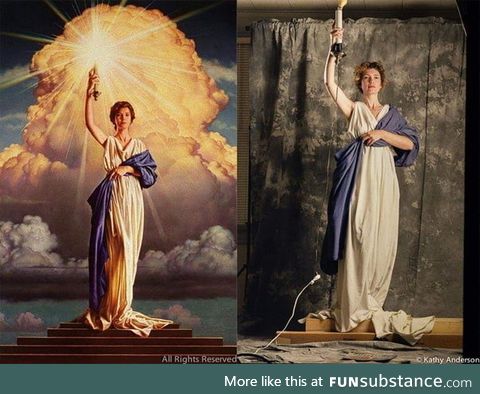 28 year old Jenny Joseph posing for Columbia Pictures logo, 1992