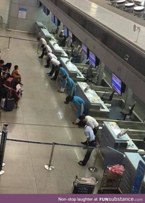 Flight delayed in Japan. Airline employees bow to the passengers to apologise