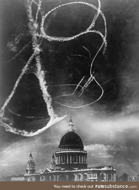 Dogfighting over the Saint Paul’s cathedral during the London Blitz circa 1940