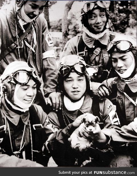 Kamikaze pilots posing with a puppy on the day before their suicide missions, 1945