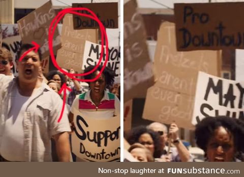 Stranger things protestor's sign reads the pretzels aren't even that good