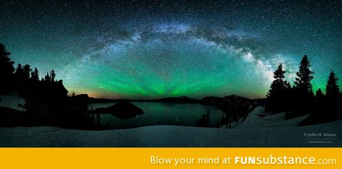 Milky way arching over Crater Lake, Oregon