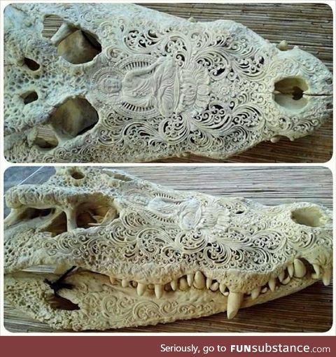 Beautiful Buddhist carving's on an alligator skull