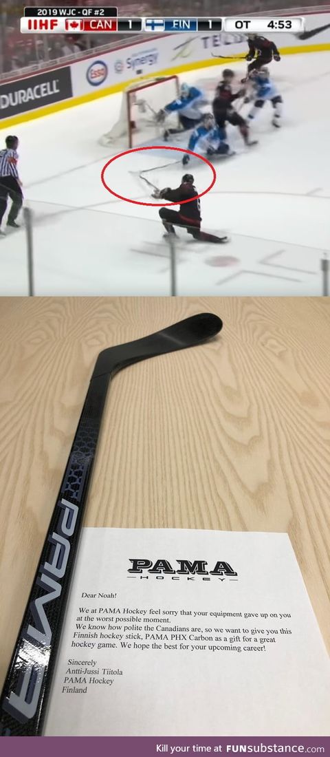 Canadian hockey players hockey stick broke in crucial moment when they were about to