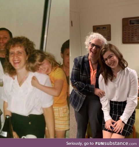 My mom and I tried to recreate the picture of us at her PhD defense at my PhD defense