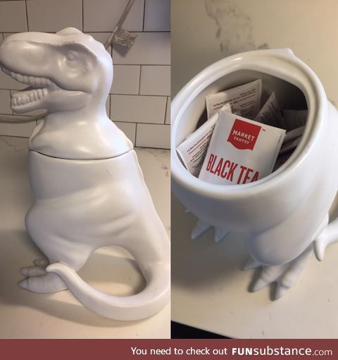 My girlfriend has decided to repurpose our novelty cookie jar. Say hello to our Tea-Rex