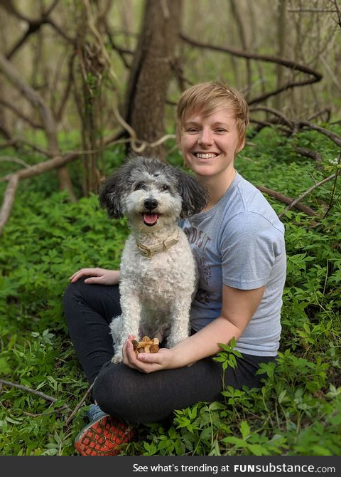 Me, my dog, and the handful of morels we found today