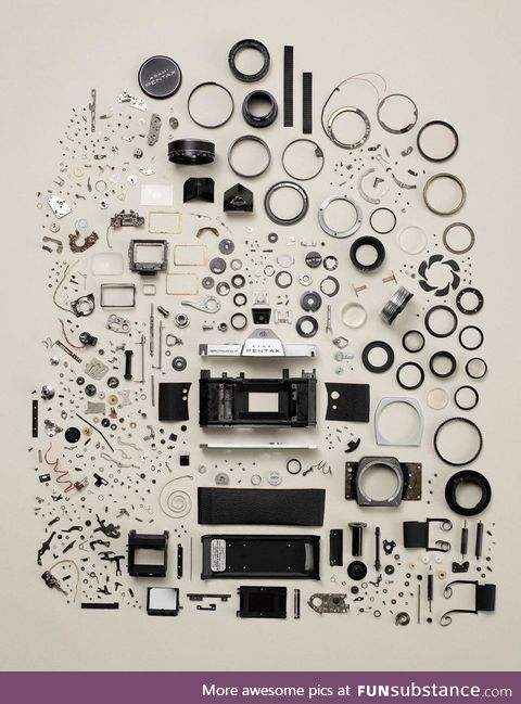 A disassembled camera