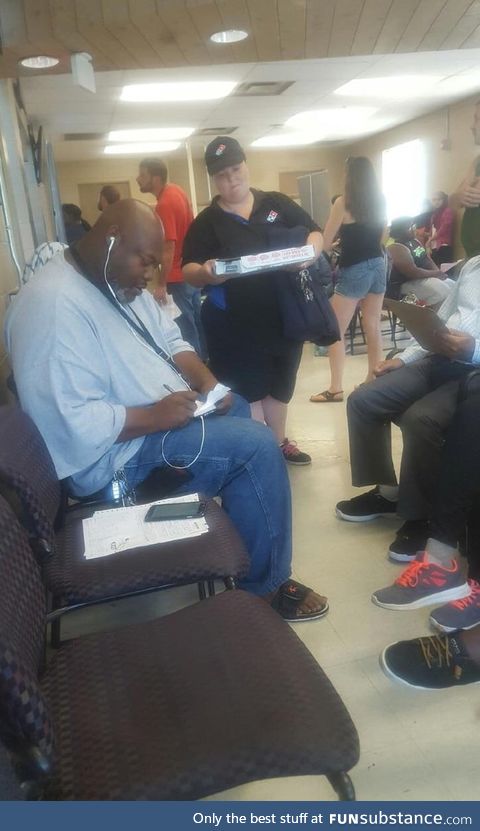 Dude at the DMV got bored because of the long wait and ordered pizza