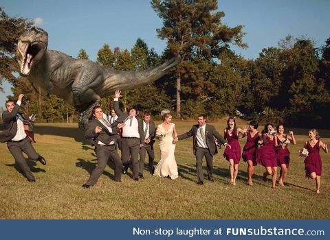 My friend let her husband take one “fun” photo of their wedding party.I think he got right