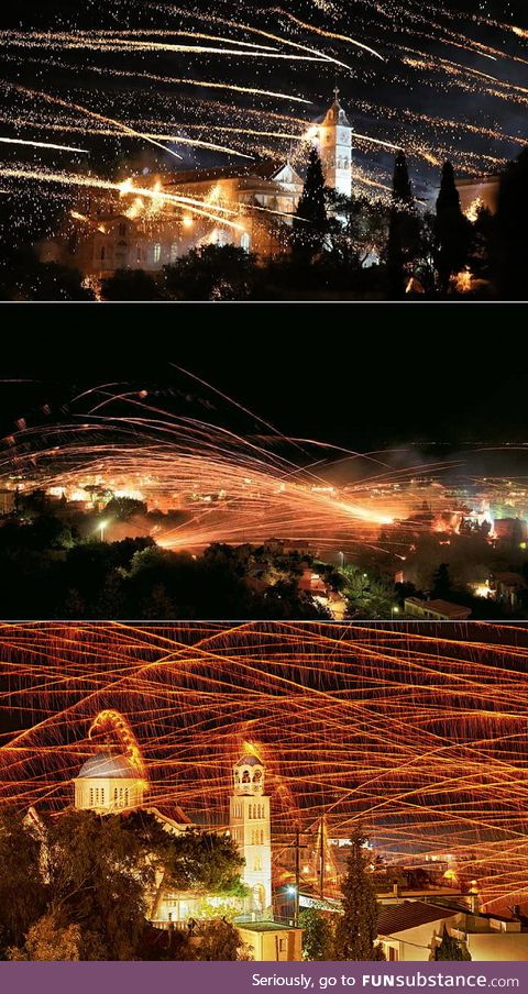 Rocket war in Chios Island (Greece) between 2 churches. (Easter Tradition)