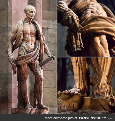 This statue depicts Saint Bartholomew, an early Christian martyr who was allegedly