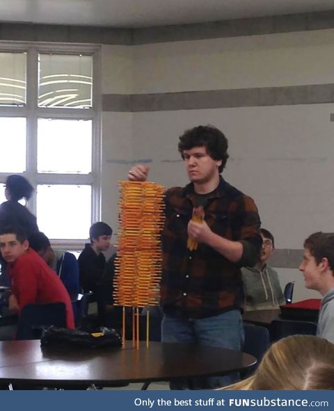 This kid at my school likes to stack pencils
