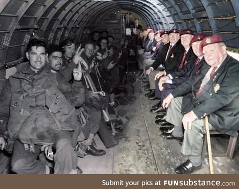 British paratrooper veterans sitting across from their own younger selves in the same
