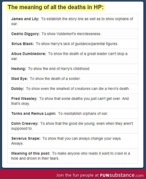 The meaning of the deaths in Harry Potter