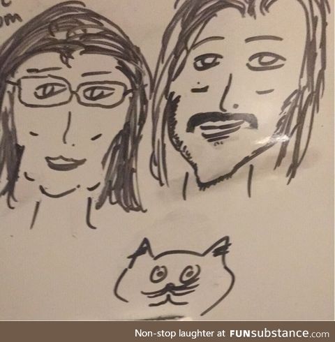 A very crappy drawing of my fiancée, my cat, and myself. If S.O. enjoys this stuff=keeper