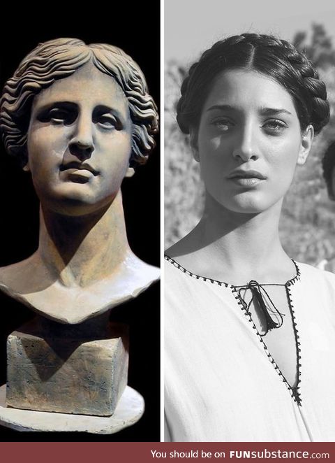On the left is an ancient bust of Aphrodite. To the right is a photo of the modern Greek