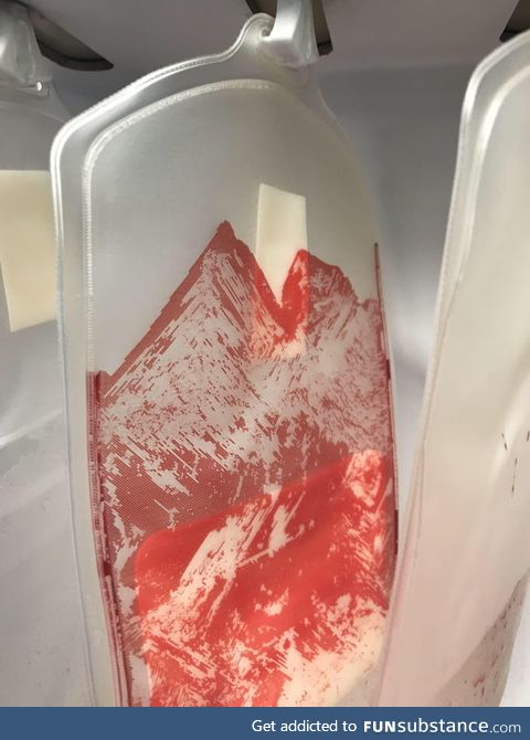 This empty blood bag looks like a snowy mountain