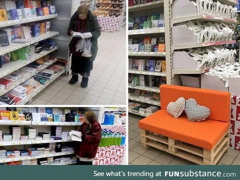 An old lady comes to this supermarket all the time to read books so the manager put a