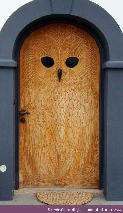 Hand carved Owl door, Denmark, 1930s