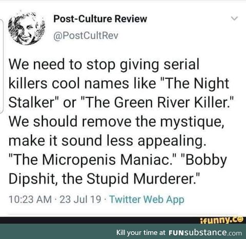 Giving appalling name to serial killers? Check